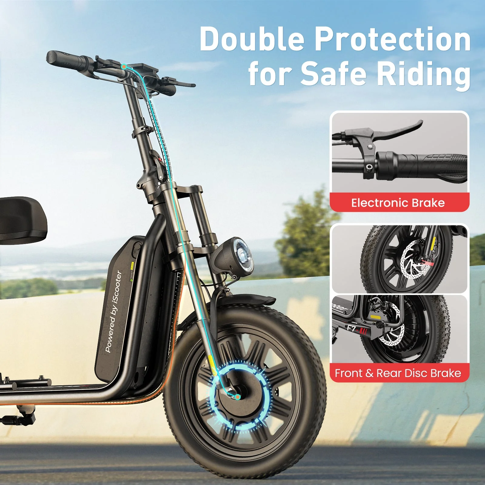 iScooter F7 48V 1000W Foldable Electric Scooter with Seat, 45 Mile Range, 330-lb load, dual braking system - 100% Financing Available! - Image 7