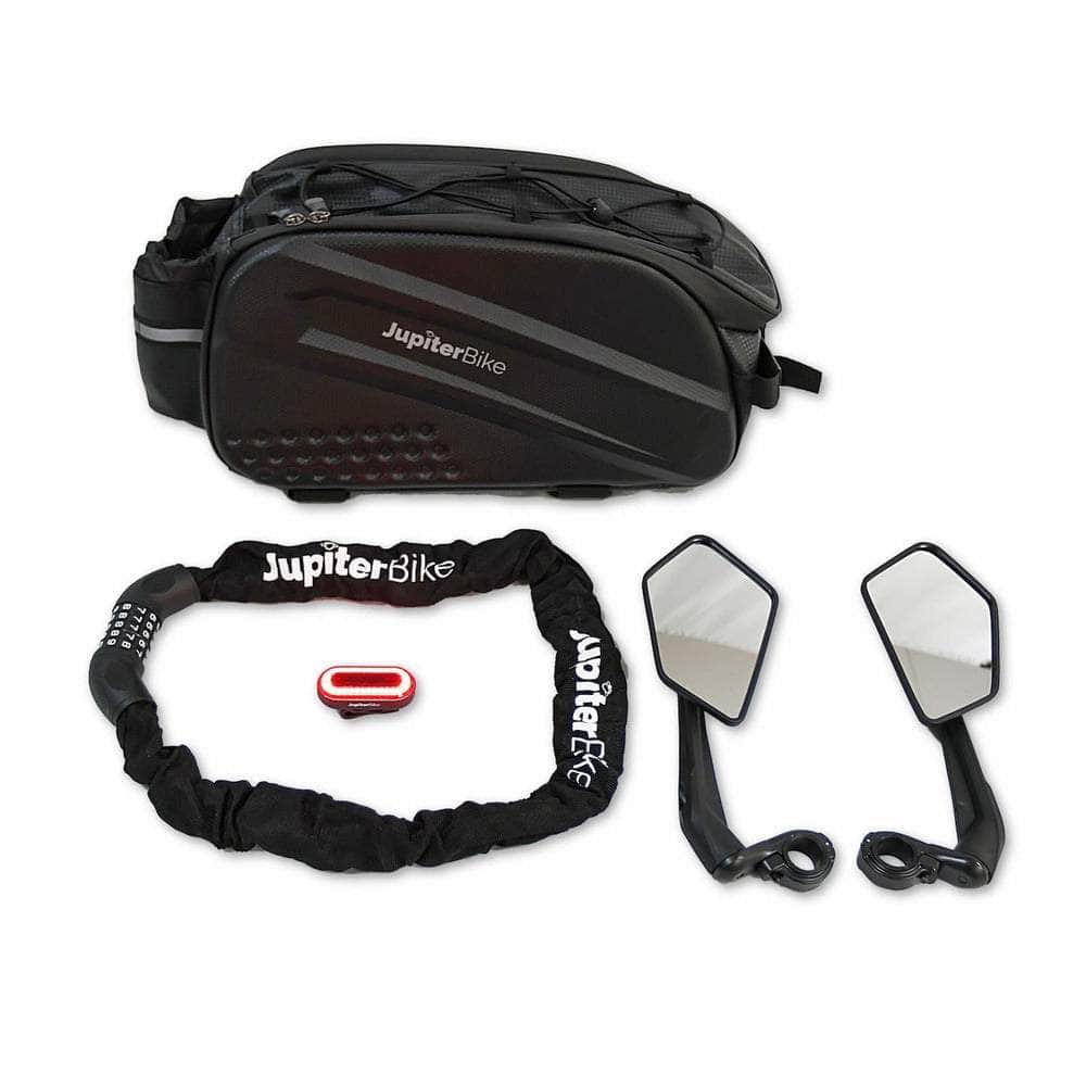 Jupiter Bike Cargo/Commuter Package - LED bike light, right/left mirrors, bike lock, trunk bag for rear racks